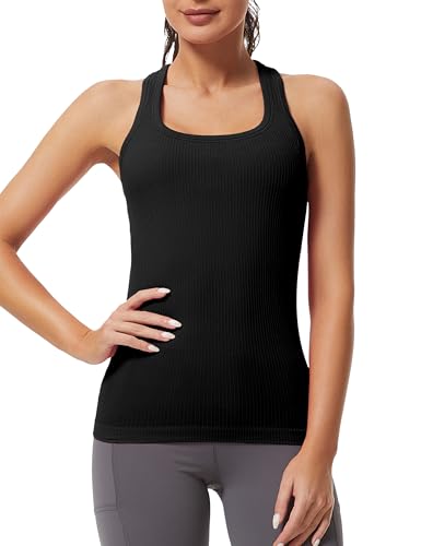 MathCat Workout Tank Tops for Women Athletic Basic Tanks Seamless Running Muscle Racerback Ribbed Yoga Tops with Built in Bra Black