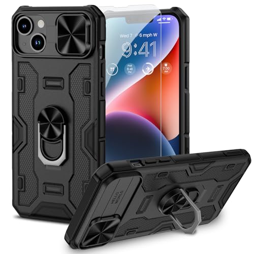 NULETO for iPhone 14 & iPhone 13 Case Designed Upgrade Built-in Screen Protector & Stand & Slide Camera Cover, Full-Body Rugged Shockproof Protective Cover for iPhone 14 & iPhone 13 - Black