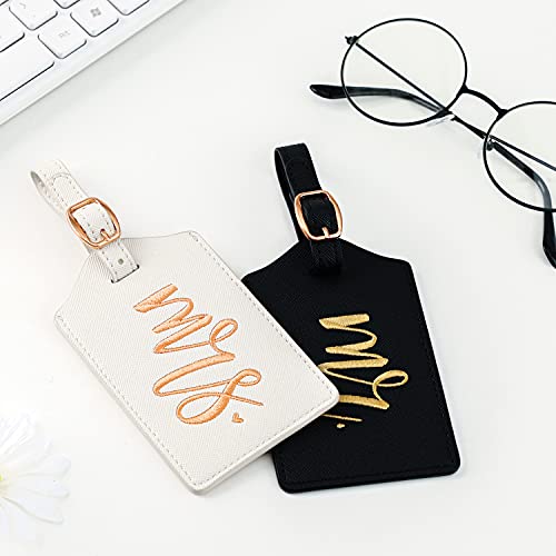 CHOIEO Mr and Mrs Luggage Tags, Bridal Shower Gift Honeymoon Gifts Wedding Gifts for Bride, PU Leather Travel Tags with Name ID Address Card (White&Black)