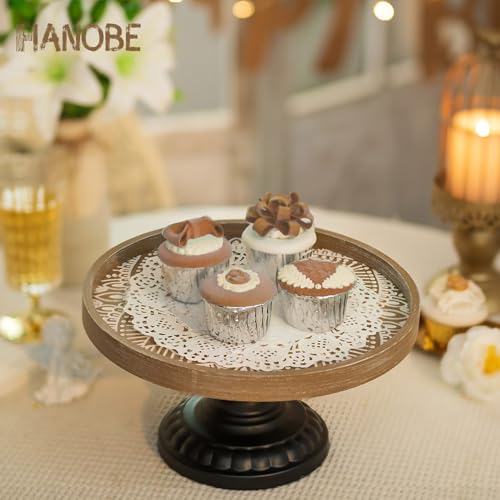 Hanobe Cake Stand Wood Riser: Decorative Boho Display Risers 12 in Round Rustic Wooden Cupcake Stand with Black Metal Pedestal for Wedding Birthday Party Home Decor Brown