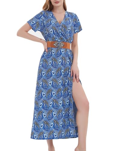 MessBebe Womens 2024 Summer Floral Maxi Dress Wrap V Neck Short Sleeve Beach Party Flowy Long Boho Dresses with Belt Blue