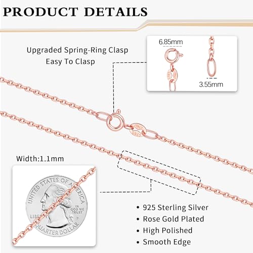 Momlovu 925 Sterling Silver Chain Necklace for Women, 1.1mm Cable Chain Necklaces Rose Gold Chain for Women, Super Sturdy & Shiny Women's Chain Necklaces,14 Inch