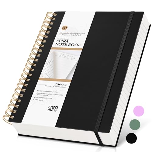 MUAHLIUB Spiral Notebook Journal College Ruled 8.5''x 11'', 360 Pages Lined Thick Journals for Women Men, A4 Large Writing Spiral Journal with 100GSM Paper, Spiral Notebooks for Work, School Black