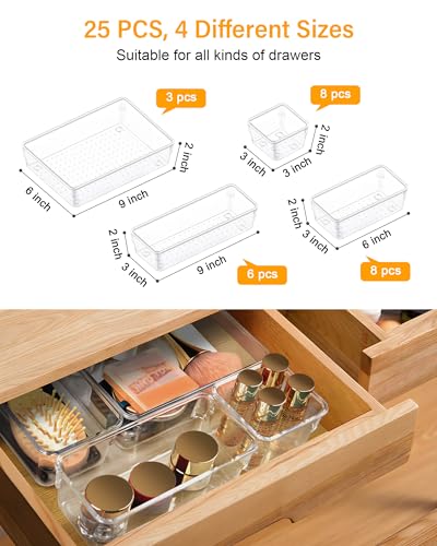 LUSCREAL 25 PCS Plastic Drawer Storage, 4 Sizes Clear Drawer Organizers, Versatile Drawer Dividers for Bathroom, Vanity, Makeup, Utensil, Kitchen and Office