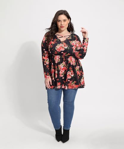 TIYOMI Plus Size Tunic For Women Long Sleeve 1X V Neck Floral Pattern Flower Print Tops Criss Cross Loose Fit Fall Autumn Winter Tunic Black XL