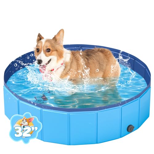 Portable Dog Pool PVC Pet Swimming Pool Bathtub Collapsible Dog Pool, Hard Plastic Pool for Pets to Swim and Bath (S-32" x 8" Dark Grey)