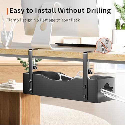 Under Desk Cable Management Tray, Litwaro Cable Management Under Desk No Drill, Cable Rack with Clamp for Desk Wire Management and Desk Cord Organizer, Cable Management Box Under Desk for Home Office