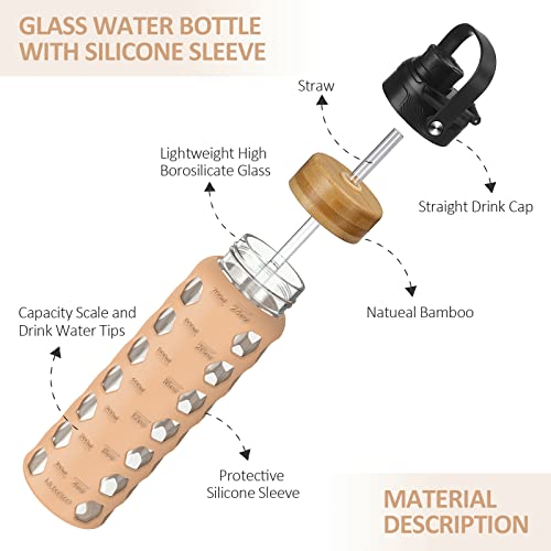 MUKOKO 24oz Glass Water Bottle with 2 Lids-Handle Flip Lid&Bamboo Straw Lid,Motivational Water Tumbler with Time Marker Reminder and Silicone Sleeve, Leakproof-Amber