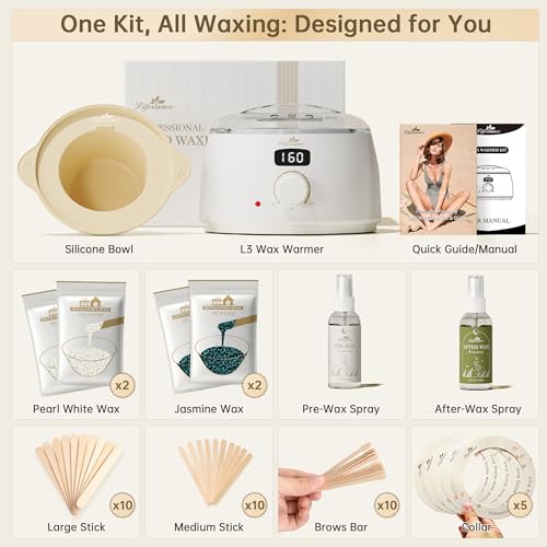 Lifestance Waxing Kit- L3 Digital Wax Warmer Hair Removal kit- 4 Packs of Wax Beads(14.1 oz total) Silicone Liner- 45 Items- Fast Heating Wax Pot for All Hair Types- Brazilian Bikini Facial Body
