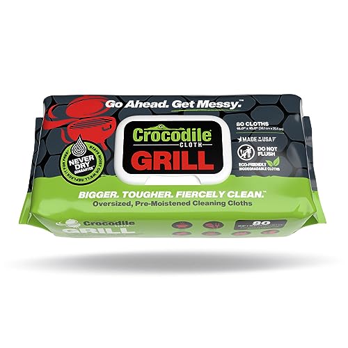 Crocodile Cloth Grill - 80 (15" x 10") Plant-based Cleaning Wipes. Safe on Skin & Multiple Surfaces. Infused with Aloe & Vitamin E. Large, Pre-Moistened & Absorbent.