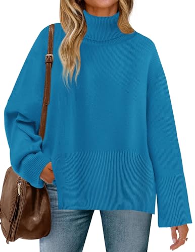 ZESICA Women's 2024 Winter Sweaters Turtleneck Long Sleeve Oversized Split Hem Knitted Pullover Jumper Sweater Tops,Rust,Large