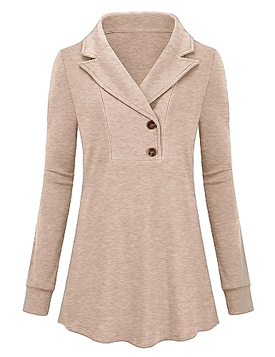 Micoson Women's Casul Long Shirts To Wear With Leggings Lapel V Neck Pullover Cotton Tunics to Wear with Leggings Ladies Tops Navy Blue L