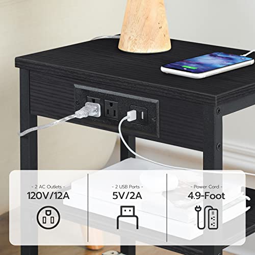 HOOBRO End Table with Charging Station and USB Ports, 3-Tier Nightstand with Adjustable Shelf, Small Side Table for Small Space in Living Room, Bedroom and Balcony, Black BB112BZ01