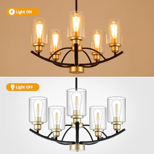 9MMML 5 Lights Glass Chandelier,Wrought Iron Pendant Light Fixtures, Gold+Black Finish Kitchen Island Lighting for Dining&Living Room Foyer Bar