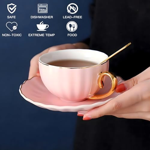 ICHAG Tea Cups and Saucers Set, Tea Cup Set, Cappuccino Cup, 7oz Vintage Porcelain Teacup and Saucer Set with Golden Spoon, Latte Cups, Coffee Cup Set for Women's Tea Party, Home Office Gifts (1pc)