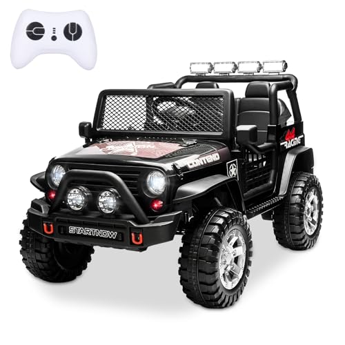 SEHOMY Kids Ride On Truck with Remote, 12V Battery Powered Electric Car for Kids - Two Seater with one Belt, Spring Suspension, LED Lights, Safety Belt, Music, 4 Wheels Kids Electric Vehicles Black