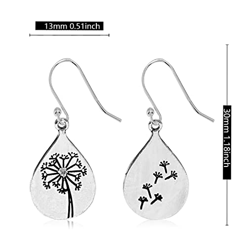 KVANU Dainty Handmade Lightweight Bohemian Vintage Silver Dandelion Dangle Drop Earrings Teardrop Flower Mountain Tree Dangle Earrings for Women Mom Lover Minimalist Hypoallergenic Jewelry Gifts (Silver)