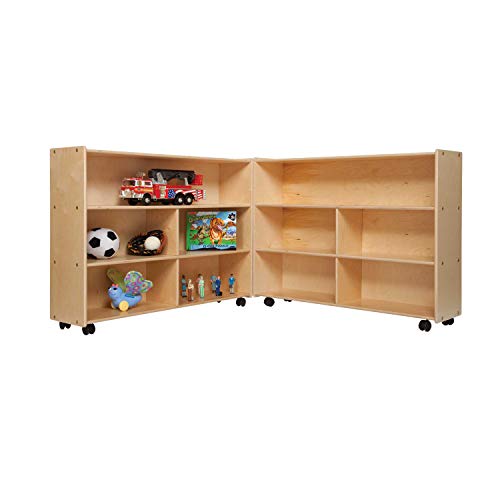 Contender Fully Assembled Folding Mobile Storage Organizer for Daycare Classroom Preschool, Wood Furniture on Rolling Casters with 4 Shelves for Toys, Puzzles, Books (Made in USA)