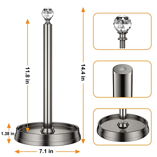 KASUNTO Paper Towel Holder with Crystal Ball - Steel Countertop Stand, Fits Standard & Jumbo Rolls, Brushed Nickel
