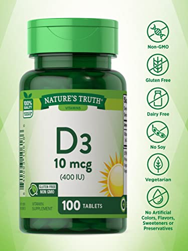 Nature's Truth Vitamin D3 400 iu (10 mcg) |100 Tablets | Vegetarian, Non-GMO, & Gluten Free Supplement