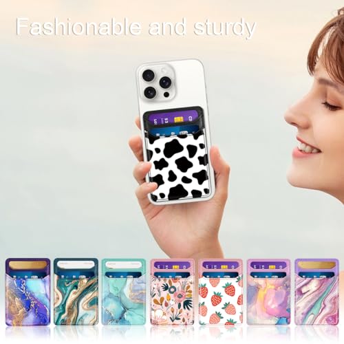 Yiyahu Self Adhesive Card Holders for Back of Phone, Leather RFID Phone Wallet Pockets Stick On, Credit Card Holders Sleeve for Phone Case Compatible with Most of Smartphones, White Flower
