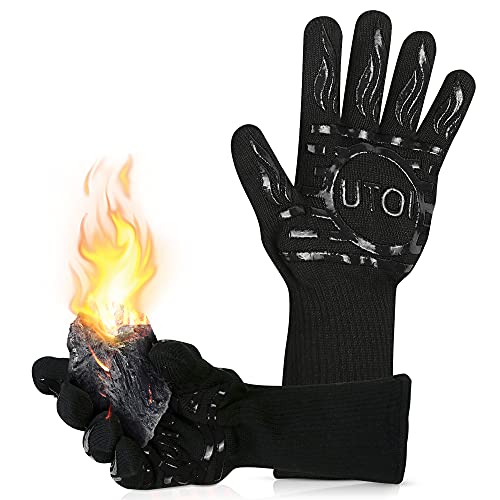 UTOI BBQ Grill Gloves, 1472°F Heat Resistant Barbecue Gloves Oven Mitts, Silicone Non-Slip Cooking Gloves for Kitchen, Grilling and Baking, EN407 Certified, 13 inch Long, Black, XL Size, 1 Pair