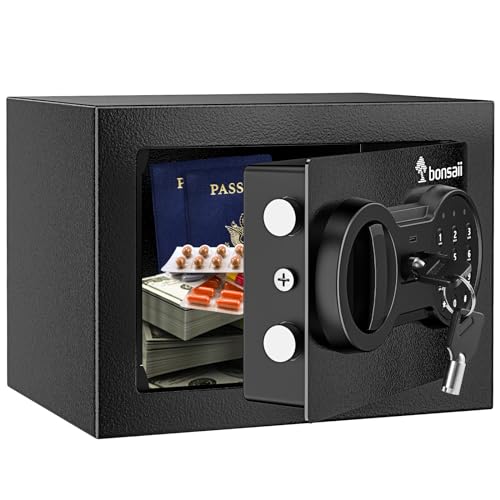 Bonsaii Safe Box for Money, 0.18 Cubic Feet Small Home Safe Lock Box with Electronic Keypad, Steel Construction Security Hidden Safe with Key, Mini Safe for Home Office Hotel, 6.69'' x 9.06'' x 6.69''