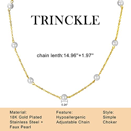 Trinckle Gold Pearl Necklace, Pearl Choker Necklace 15'' Pearl Necklaces for Women Dainty Gold Choker Beach Necklaces for Girls Adjustable Girls Bead Jewelry Bride Bridesmaid Wedding Birthday Gifts