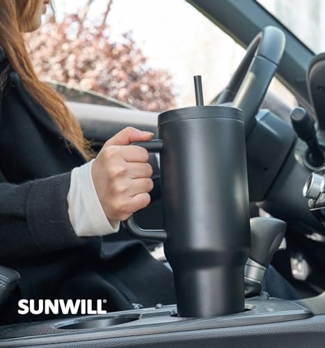 SUNWILL Travel Coffee Tumbler with Lid and Straw, 40 oz Tumbler with Handle, Tumbler Cups, Insulated Reusable Stainless Steel Coffee Mug for Travel & Outdoor, Cupholder Friendly, Almond