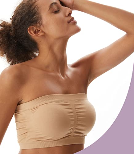 PUREMSX Padded Tube Bra Women, Strapless Bandeau Basic Breathable Wireless Spandex Stretch Sleep Bando Bra,Small,2 Pack,Black,Beige