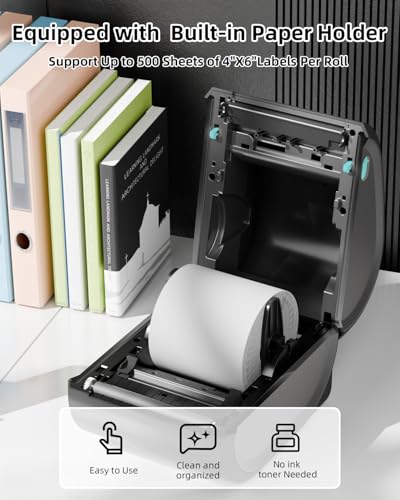 Memoqueen Bluetooth Thermal Printer - D520BT Shipping Label Printer Build-in Holder, Wireless Label Printer 4x6 for Small Business, Compatible with Amazon, Ebay, USPS, Support Android, iOS and PC