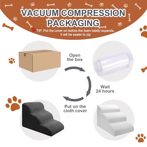 Dog Stairs Ramps for Small/Medium Dogs to Beds and Couch Up to 24'', 4-Step Dog Steps with Sturdy High-Density Foam, Pet Stairs with Non-Slip Bottom for Puppy and Cat, with Hair Remover Roller, White