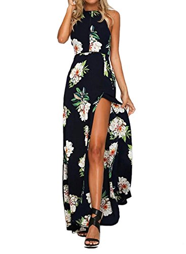 ZESICA Women's 2024 Summer Halter Neck Floral Print Backless Split Beach Party Maxi Dress,BluishViolet,Small