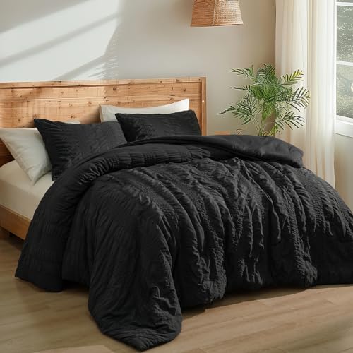 PHF Seersucker Black Twin Size Comforter Set, 2 Pieces Summer Lightweight Soft Fluffy Bedding Set, Boho Strip Comy Down Alternative Cooling Comforter with 1 Pillowcase, 68" x 90", Black