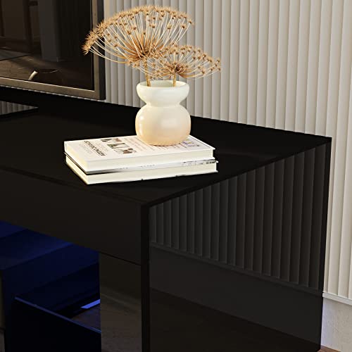 SUSSURRO LED TV Stand for 60/65/70 inch TV, Modern Gloss Entertainment Center with Drawer and Glass Open Shelf, Television Table Center Media Console for Living Room， Black