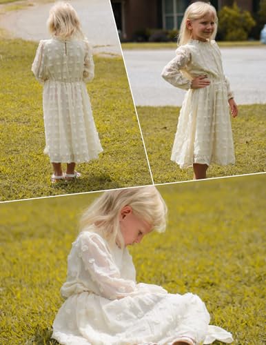 Flypigs Tween Girls Long Sleeve Fall Dresses Swiss Dot Casual Party Dress Hot Pink 7-8Years