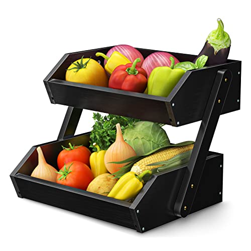 G.a HOMEFAVOR Fruit Basket: 2-Tier Acacia Wood Fruit Bowl for Kitchen, Fruit Stand Storage Holder for Vegetables and Snack Home Kitchen Countertop Organizer (Self-assembly)