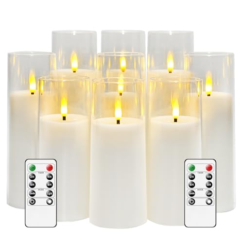 kakoya Flickering Flameless Candles Battery Operated with Remote and 2/4/6/8 H Timer Plexiglass Led Pillar Candles Pack of 9 (D2.3"xH 5"6"7")with Realistic Moving Wick Candles for Home Decor(White)