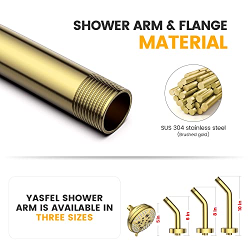 YASFEL Brushed Gold Shower Arm 6" Shower Extension Arm Pipe with Flange and Teflon Tape for Shower Head & Handheld Shower Head(SUS 304, Brushed Gold,NPT)