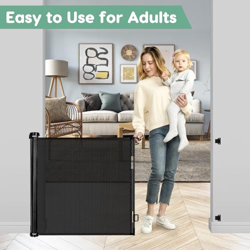 55 Inch Retractable Baby Gate Retractable Dog Gate for The House Retractable Pet Gate for Dogs Indoor Retractable Baby Gates for Doorways Mesh Baby Gate Retractable Mesh Gates for Kids Or Pets (Black)