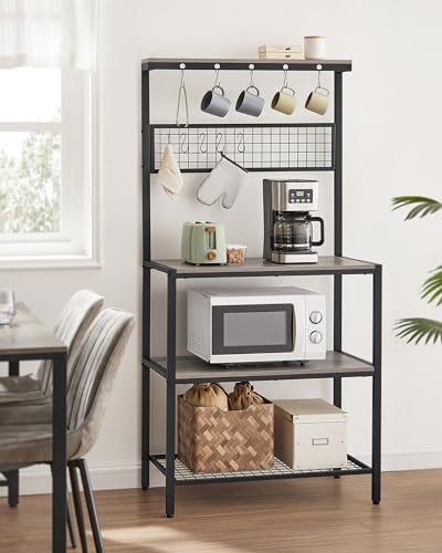 VASAGLE Bakers Rack, Coffee Bar, Kitchen Storage Shelf Rack with 10 Hooks, 3 Shelves, Adjustable Feet, for Microwave Oven, 15.7 x 33.1 x 66.9 Inches, Industrial, Greige and Black UKKS017B02