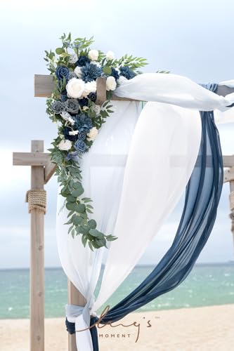 Ling's Moment Deluxe Spring Pink Artificial Wedding Arch Flowers with Drapes Kit-Pack of 5, 2pcs Flower Arrangements 3pcs Hanging Sheer Drapes Ceremony Arbor Reception Backdrop Floral Decoration