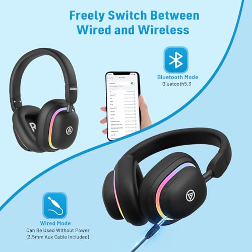 LOBKIN Bluetooth 5.3 Kids Headphones with Case - RGB LED Light Up Cat Ears Foldable Adjustable Over Ear Headphone Support Wireless or 3.5mm Wired Mode for Toddler & Girls & Boys Teens