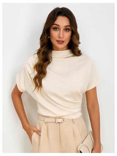 SweatyRocks Women's Casual Short Sleeve Mock Neck Tee Top Asymmetric Ruched Plain T Shirt Beige S