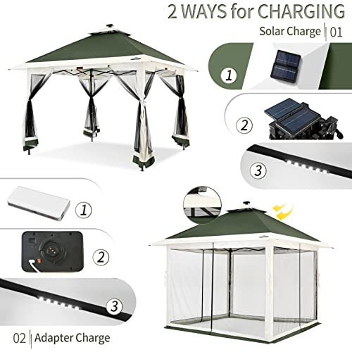 Suntime 12 x 12 Instant Pop Up Gazebo Polyester Canopy Tent Shelter with Solar LED Lights, 4 Zippered Screens, and Powder Coated Steel Frame, Green