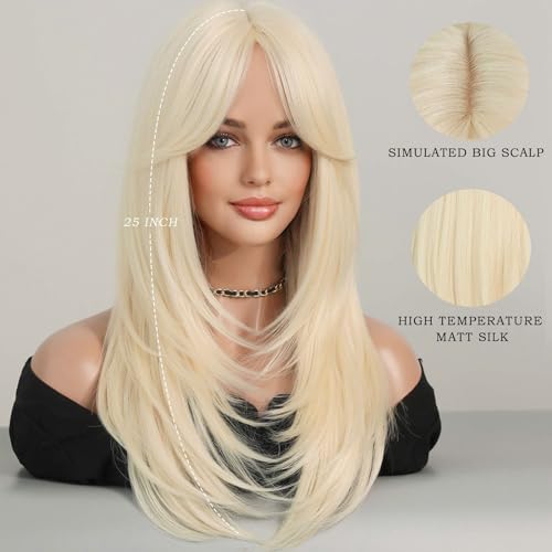 7JHH WIGS Long Straight Wig with Bangs for Women,#613 Blonde Curtain Bangs Wig Heat Resistant Layered Synthetic Wigs for Daily Use