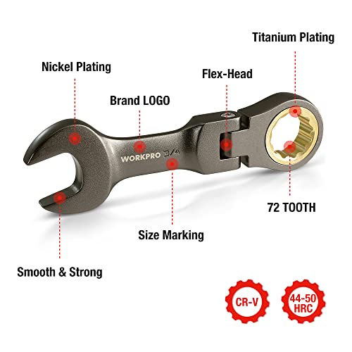 WORKPRO 8-Piece Stubby Anti-slip Ratcheting Combination Wrench Set, SAE 5/16-3/4 in, 72-Teeth, CRV, Black Electrophoretic Coating, Flex-Head Wrench Set with Rolling Pouch