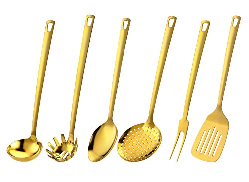 Marco Almond® Utensil Set, Golden Titanium Utensils Sets, Stainless Steel Kitchen Cooking Spoons, Ladle Skimmer & Spatula Utensil Sets,6PCS Frying & Grilling Cookware Tools