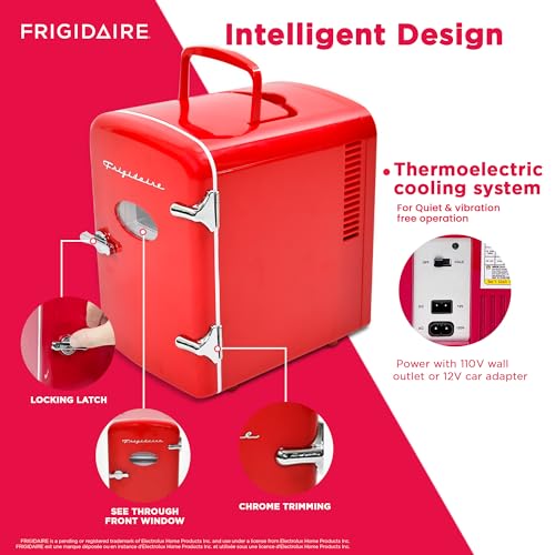 Frigidaire EFMIS129-RED_CP4 Mini Personal Fridge Cooler, 1 Gal Capacity fits Six Cans, Includes Plugs for Home Outlet & DC Charger-9.84" D x 7.09" W x 10.35" H, standard