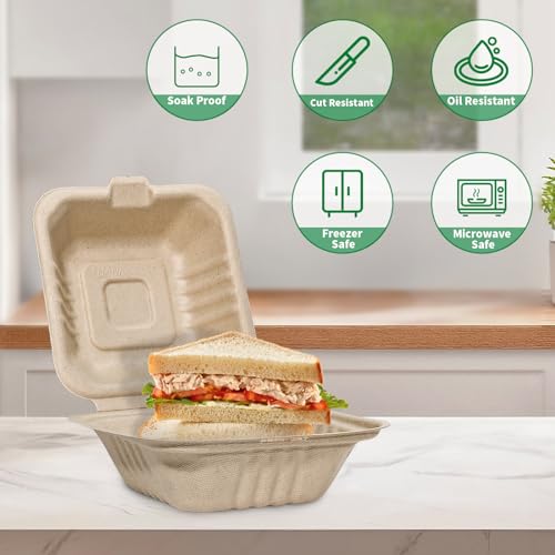 Aricsen Compostable 50 Pack 6x6 Inch Disposable Small Lunch Box Takeout Containers with Lid To Go Take Out Clamshell for Food, Eco-Friendly Biodegradable Bagasse Fibers, PFAS-Free, Unbleached Brown